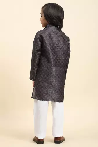 Navy blue jacquard silk kurta pajama set for boys kids ethnic wear with embellished design