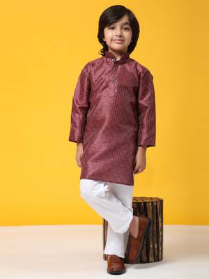 Maroon jacquard silk kurta pajama set for boys kids ethnic wear with embellished design 1