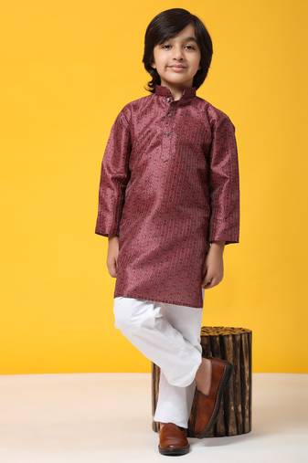 Maroon jacquard silk kurta pajama set for boys kids ethnic wear with embellished design