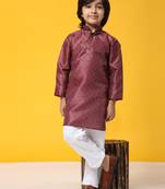 Maroon jacquard silk kurta pajama set for boys kids ethnic wear with embellished design