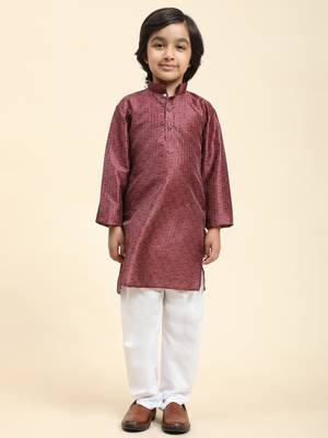 Maroon jacquard silk kurta pajama set for boys kids ethnic wear with embellished design 2