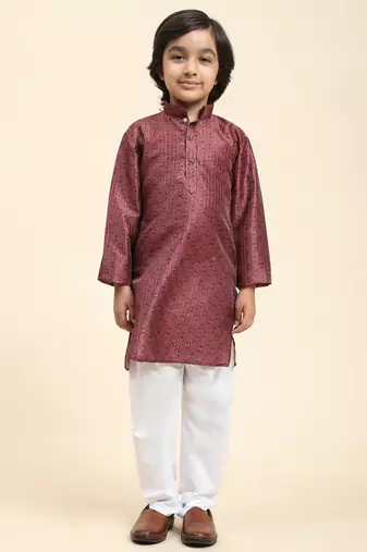 Maroon jacquard silk kurta pajama set for boys kids ethnic wear with embellished design