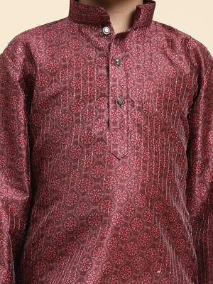 Maroon jacquard silk kurta pajama set for boys kids ethnic wear with embellished design 3