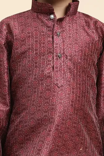Maroon jacquard silk kurta pajama set for boys kids ethnic wear with embellished design