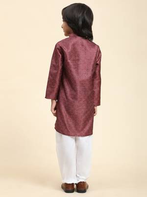 Maroon jacquard silk kurta pajama set for boys kids ethnic wear with embellished design 4