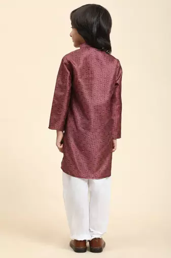 Maroon jacquard silk kurta pajama set for boys kids ethnic wear with embellished design