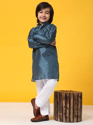 Blue jacquard silk kurta pajama set for boys kids ethnic wear with embellished design 1