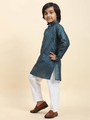 Blue jacquard silk kurta pajama set for boys kids ethnic wear with embellished design 2