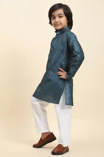 Blue jacquard silk kurta pajama set for boys kids ethnic wear with embellished design
