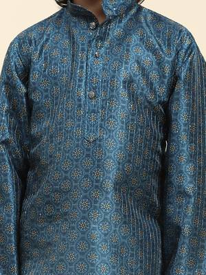 Blue jacquard silk kurta pajama set for boys kids ethnic wear with embellished design 3