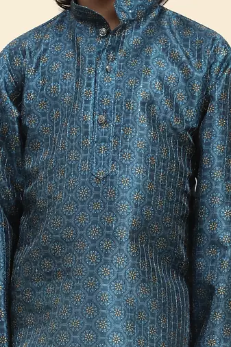 Blue jacquard silk kurta pajama set for boys kids ethnic wear with embellished design