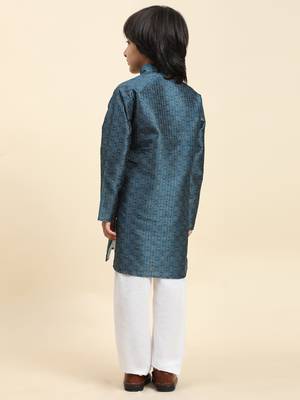 Blue jacquard silk kurta pajama set for boys kids ethnic wear with embellished design 4