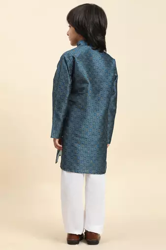 Blue jacquard silk kurta pajama set for boys kids ethnic wear with embellished design
