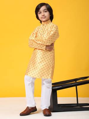 Yellow jacquard silk kurta pajama set for boys kids ethnic wear with embellished design 1