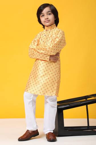 Yellow jacquard silk kurta pajama set for boys kids ethnic wear with embellished design