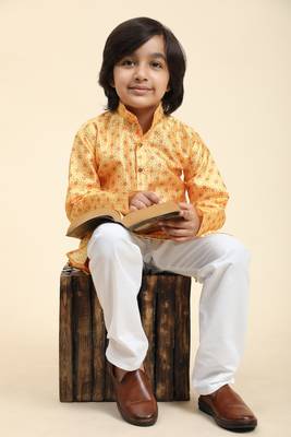 Yellow jacquard silk kurta pajama set for boys kids ethnic wear with embellished design 2