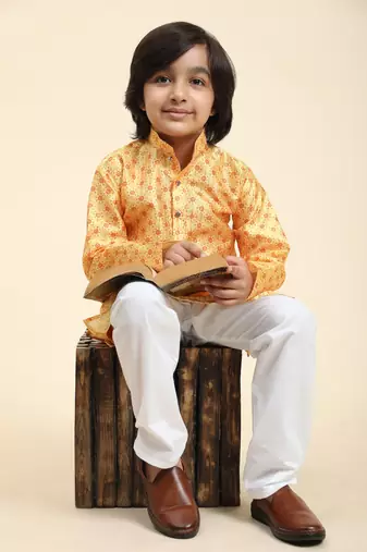 Yellow jacquard silk kurta pajama set for boys kids ethnic wear with embellished design