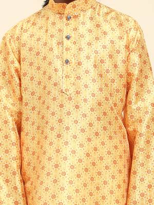 Yellow jacquard silk kurta pajama set for boys kids ethnic wear with embellished design 3