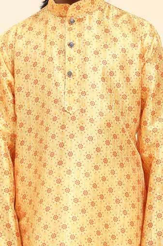 Yellow jacquard silk kurta pajama set for boys kids ethnic wear with embellished design