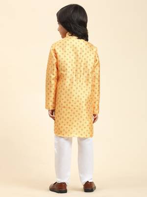 Yellow jacquard silk kurta pajama set for boys kids ethnic wear with embellished design 4