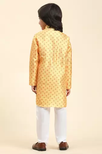 Yellow jacquard silk kurta pajama set for boys kids ethnic wear with embellished design
