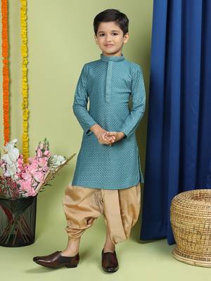 Tabard Cotton Full Sleeve Regular Fit Chikankari Embroidery Green Kurta Set For Kids 1