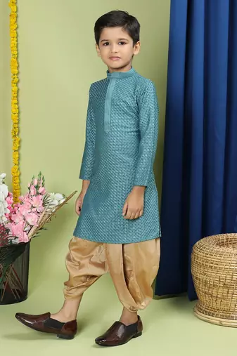 Tabard Cotton Full Sleeve Regular Fit Chikankari Embroidery Green Kurta Set For Kids