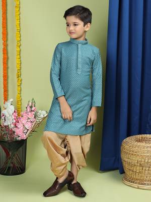 Tabard Cotton Full Sleeve Regular Fit Chikankari Embroidery Green Kurta Set For Kids 3