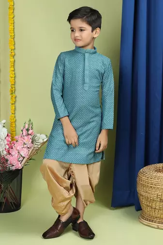 Tabard Cotton Full Sleeve Regular Fit Chikankari Embroidery Green Kurta Set For Kids