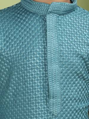 Tabard Cotton Full Sleeve Regular Fit Chikankari Embroidery Green Kurta Set For Kids 4