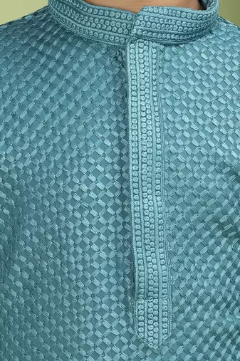 Tabard Cotton Full Sleeve Regular Fit Chikankari Embroidery Green Kurta Set For Kids