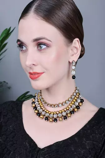 JN Handicraft Three Layer Traditional Copper Plated Kundan & Black and White Pearl  Jewellery Set