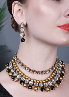JN Handicraft Three Layer Traditional Copper Plated Kundan & Black and White Pearl  Jewellery Set 4