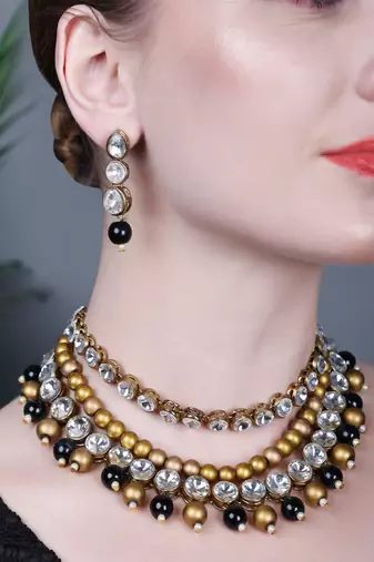 JN Handicraft Three Layer Traditional Copper Plated Kundan & Black and White Pearl  Jewellery Set