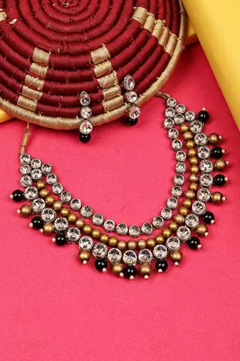 JN Handicraft Three Layer Traditional Copper Plated Kundan & Black and White Pearl  Jewellery Set