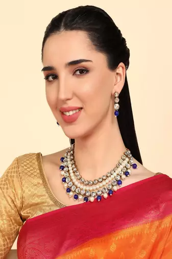JN Handicraft Traditional Copper Plated Kundan & Blue and White Pearl  Jewellery Set