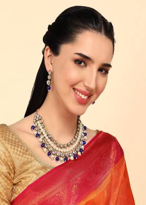 JN Handicraft Traditional Copper Plated Kundan & Blue and White Pearl  Jewellery Set 3