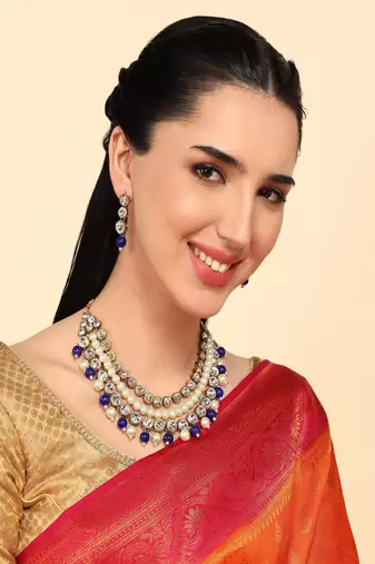 JN Handicraft Traditional Copper Plated Kundan & Blue and White Pearl  Jewellery Set