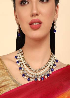 JN Handicraft Traditional Copper Plated Kundan & Blue and White Pearl  Jewellery Set 4