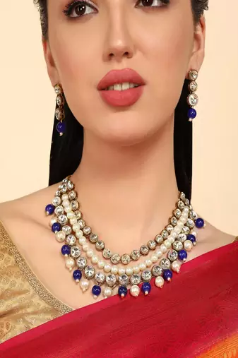 JN Handicraft Traditional Copper Plated Kundan & Blue and White Pearl  Jewellery Set