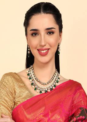 JN Handicraft Three Layer Traditional Copper Plated Kundan & Green and White Pearl  Jewellery Set 1