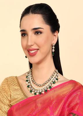 JN Handicraft Three Layer Traditional Copper Plated Kundan & Green and White Pearl  Jewellery Set 2