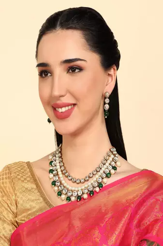 JN Handicraft Three Layer Traditional Copper Plated Kundan & Green and White Pearl  Jewellery Set