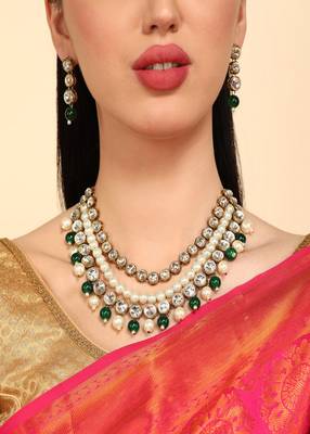 JN Handicraft Three Layer Traditional Copper Plated Kundan & Green and White Pearl  Jewellery Set 3