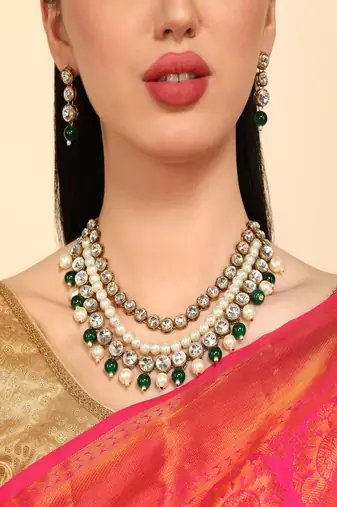 JN Handicraft Three Layer Traditional Copper Plated Kundan & Green and White Pearl  Jewellery Set