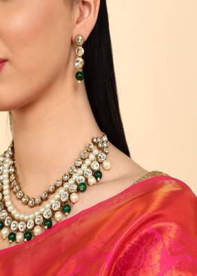 JN Handicraft Three Layer Traditional Copper Plated Kundan & Green and White Pearl  Jewellery Set 4