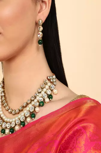 JN Handicraft Three Layer Traditional Copper Plated Kundan & Green and White Pearl  Jewellery Set