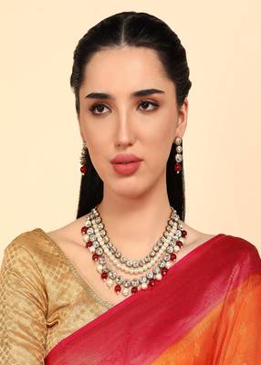 JN Handicraft Three Layer Traditional Copper Plated Kundan & Maroon and White Pearl  Jewellery Set 1