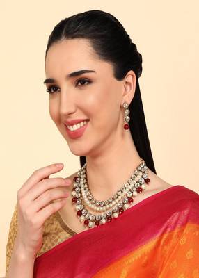 JN Handicraft Three Layer Traditional Copper Plated Kundan & Maroon and White Pearl  Jewellery Set 2