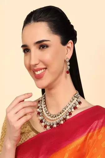 JN Handicraft Three Layer Traditional Copper Plated Kundan & Maroon and White Pearl  Jewellery Set
